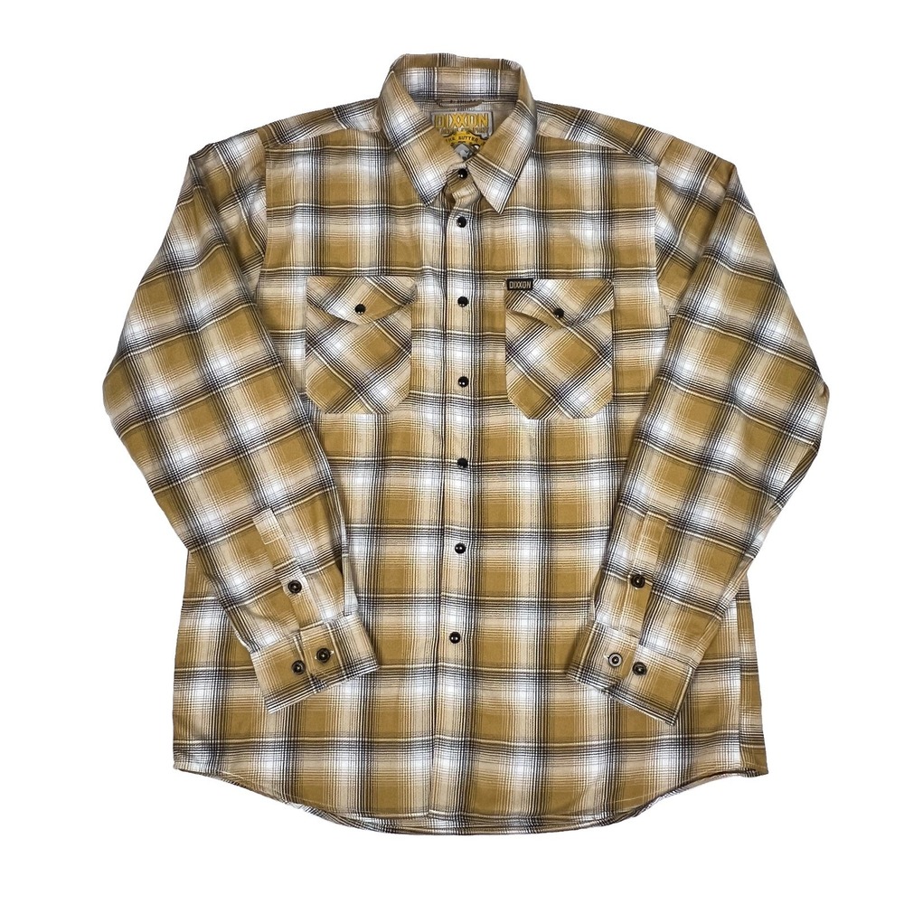 Dixxon Flannel Co The Sutter Men's L Gold Tan Black Plaid Button Pearl Snap